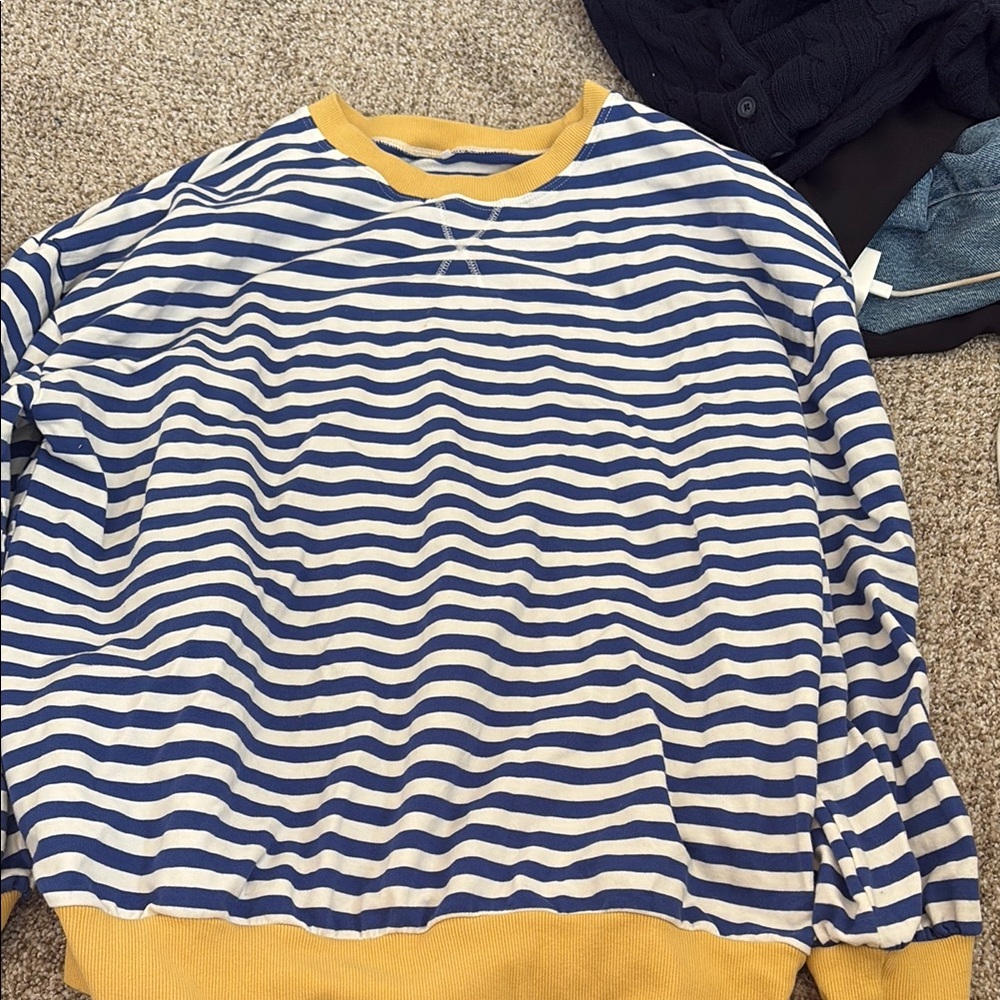 Blue and White Striped Sweater with Yellow Accents